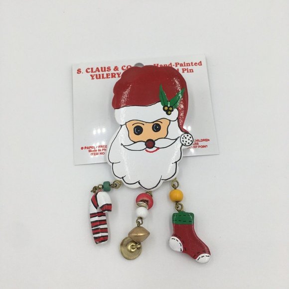 Hand-Painted VINTAGE Wooden BROOCH Pin, Dangling Candy Cane Stocking Bells, Red - Picture 3 of 4